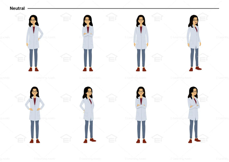 eLearning clipart of a scientist, lab technician, a person in the medical industry. A female character is wearing a lab coat and a pair of glasses. This character sheet shows the character in various neutral poses.
