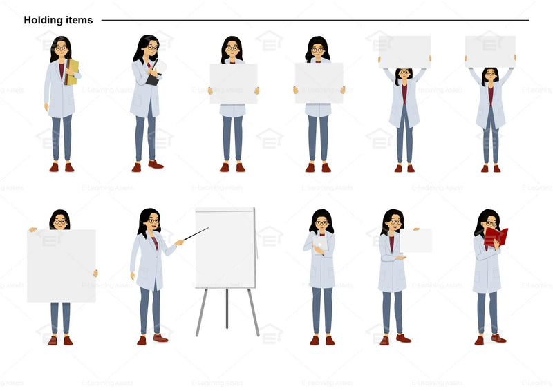 eLearning clipart of a scientist, lab technician, a person in the medical industry. A female character is wearing a lab coat and a pair of glasses. This character sheet shows the character in various poses holding different items.