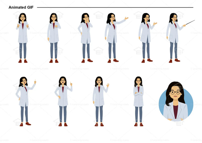 eLearning clipart of a scientist, lab technician, a person in the medical industry. A female character is wearing a lab coat and a pair of glasses. This character sheet shows animated poses: Thumb up, thumbs down, thinking, presenting, pointing, remembering, aha, waving, standing with folded arms, and transitioning colors.