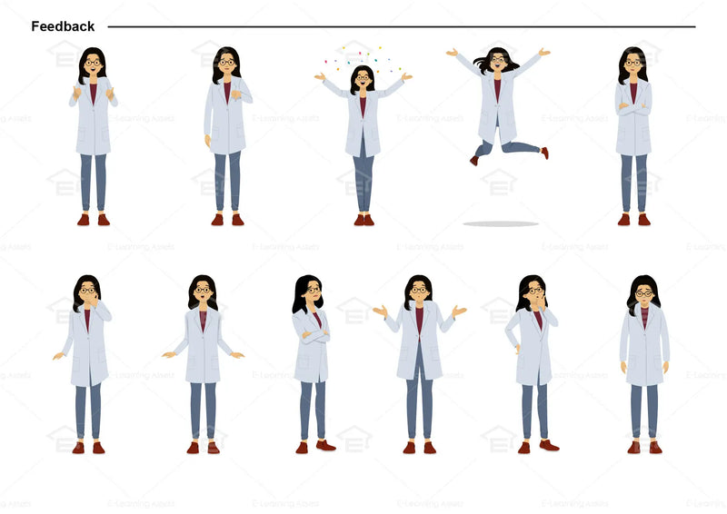 eLearning clipart of a scientist, lab technician, a person in the medical industry. A female character is wearing a lab coat and a pair of glasses. This character sheet shows the character displaying various poses for providing feedback.
