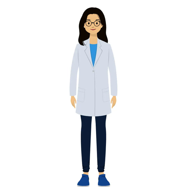 eLearning clipart of a scientist, lab technician, a person in the medical industry. A female character is wearing a lab coat and a pair of glasses.  The character set comes in Storyline, SVG, PNG, and GIF formats.