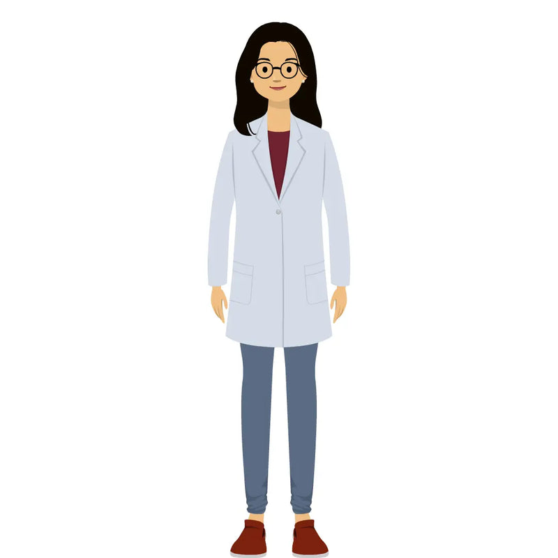 eLearning clipart of a scientist, lab technician, a person in the medical industry. A female character is wearing a lab coat and a pair of glasses.  The character set comes in Storyline, SVG, PNG, and GIF formats.