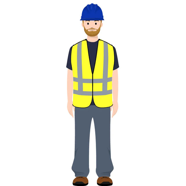 eLearning clipart of a tradesman wearing a hard hat and a high-visibility (Hi-Vis) vest. It can be used in construction, mining, airport, safety training, or other settings.  The character set comes in Storyline, SVG, PNG, and GIF formats.