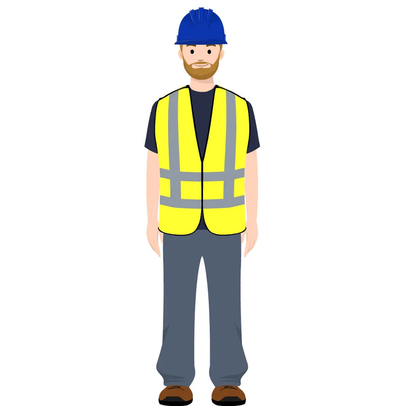 eLearning clipart of a tradesman wearing a hard hat and a high-visibility (Hi-Vis) vest. It can be used in construction, mining, airport, safety training, or other settings.  The character set comes in Storyline, SVG, PNG, and GIF formats.