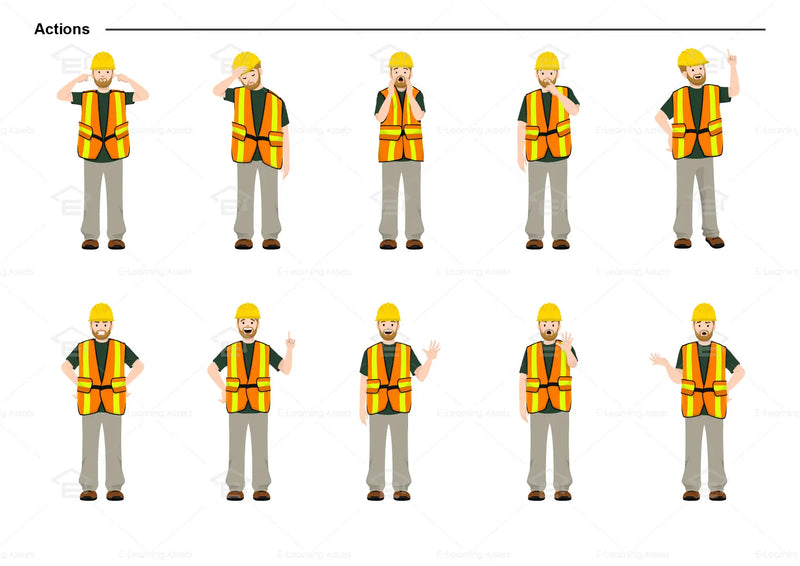 eLearning clipart of a tradesman wearing a hard hat and a high-visibility (Hi-Vis) vest. It can be used in construction, mining, airport, safety training, or other settings.  This sheet shows the character doing various actions.