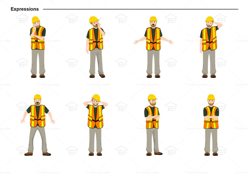 eLearning clipart of a tradesman wearing a hard hat and a high-visibility (Hi-Vis) vest. It can be used in construction, mining, airport, safety training, or other settings.  This sheet shows the character displaying various expressions.