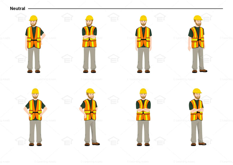 eLearning clipart of a tradesman wearing a hard hat and a high-visibility (Hi-Vis) vest. It can be used in construction, mining, airport, safety training, or other settings.  This sheet shows the character in various neutral poses.