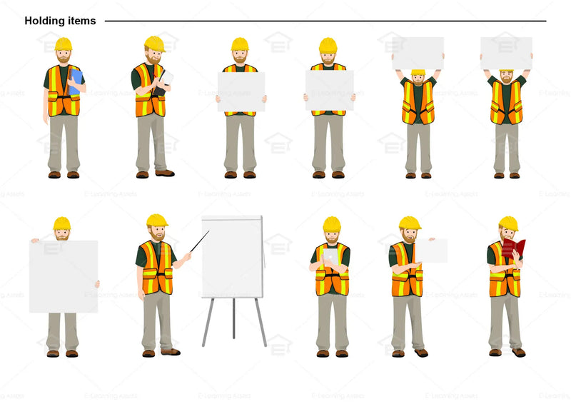 eLearning clipart of a tradesman wearing a hard hat and a high-visibility (Hi-Vis) vest. It can be used in construction, mining, airport, safety training, or other settings.  This sheet shows the character in various poses holding different items.