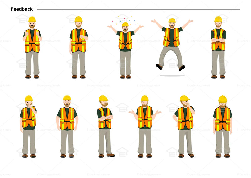 eLearning clipart of a tradesman wearing a hard hat and a high-visibility (Hi-Vis) vest. It can be used in construction, mining, airport, safety training, or other settings.  This sheet shows the character displaying various poses for providing feedback.