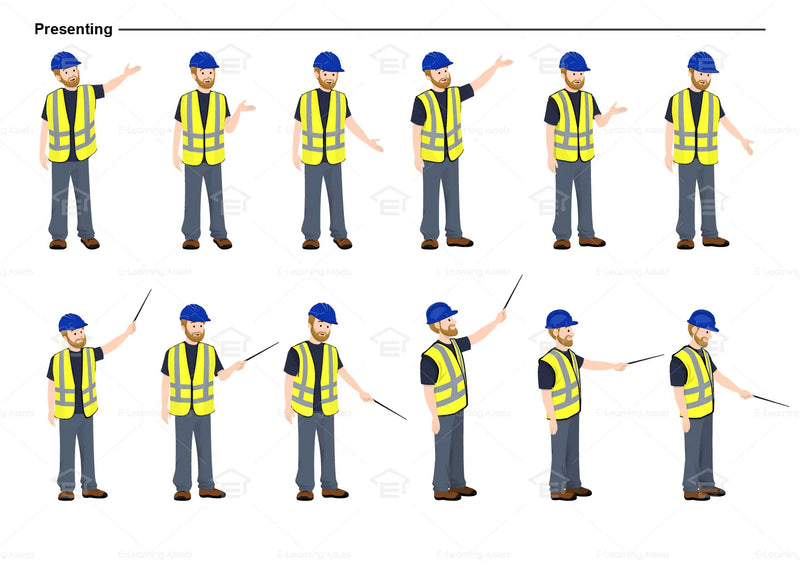 eLearning clipart of a tradesman wearing a hard hat and a high-visibility (Hi-Vis) vest. It can be used in construction, mining, airport, safety training, or other settings.  This sheet shows the character displaying various poses for presenting.