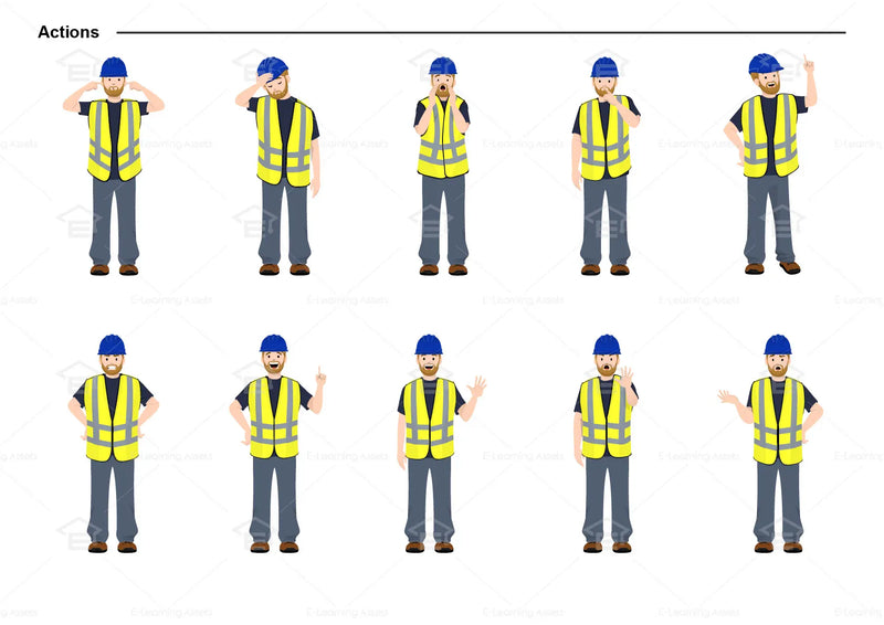 eLearning clipart of a tradesman wearing a hard hat and a high-visibility (Hi-Vis) vest. It can be used in construction, mining, airport, safety training, or other settings.  This sheet shows the character doing various actions.