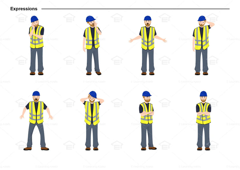 eLearning clipart of a tradesman wearing a hard hat and a high-visibility (Hi-Vis) vest. It can be used in construction, mining, airport, safety training, or other settings.  This sheet shows the character displaying various expressions.