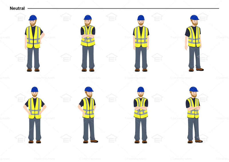 eLearning clipart of a tradesman wearing a hard hat and a high-visibility (Hi-Vis) vest. It can be used in construction, mining, airport, safety training, or other settings.  This sheet shows the character in various neutral poses.