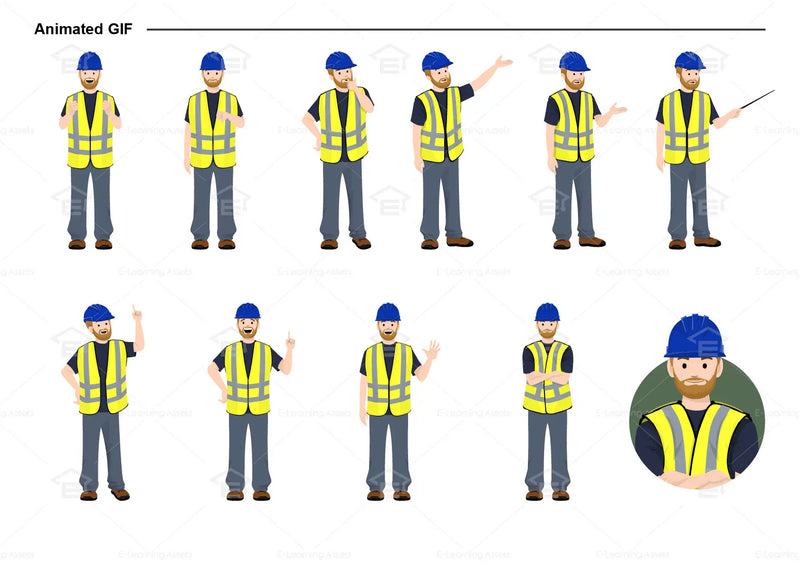 eLearning clipart of a tradesman wearing a hard hat and a high-visibility (Hi-Vis) vest. It can be used in construction, mining, airport, safety training, or other settings.  This sheet shows animated poses: Thumb up, thumbs down, thinking, presenting, pointing, remembering, aha, waving, standing with folded arms, and transitioning colors.