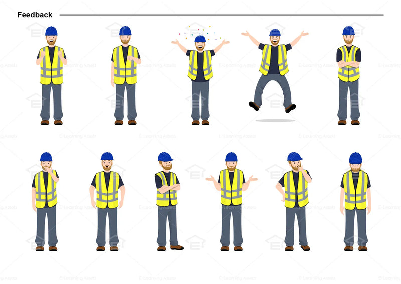 eLearning clipart of a tradesman wearing a hard hat and a high-visibility (Hi-Vis) vest. It can be used in construction, mining, airport, safety training, or other settings.  This sheet shows the character displaying various poses for providing feedback.