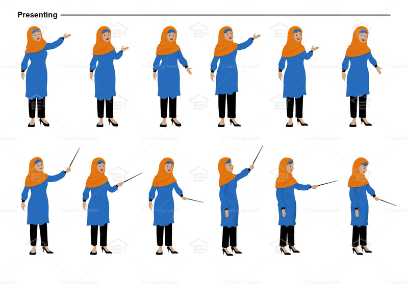eLearning clipart of a Muslim woman wearing a hijab, long sleeve tunic dress, and pants. It can be used in office, education, casual, and other settings.  This sheet shows the character displaying various poses for presenting.