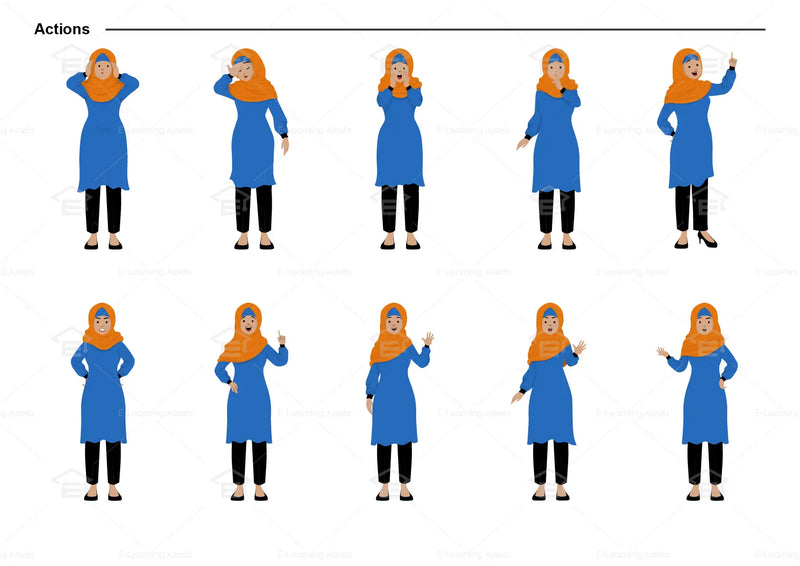 eLearning clipart of a Muslim woman wearing a hijab, long sleeve tunic dress, and pants. It can be used in office, education, casual, and other settings.  This sheet shows the character doing various actions.