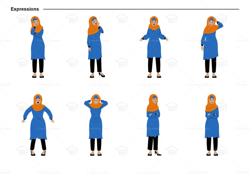 eLearning clipart of a Muslim woman wearing a hijab, long sleeve tunic dress, and pants. It can be used in office, education, casual, and other settings.  This sheet shows the character displaying various expressions.