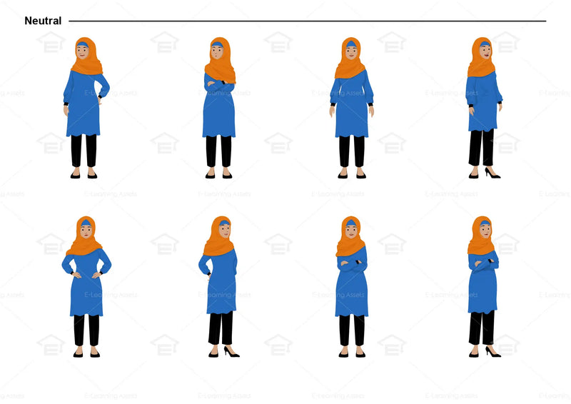 eLearning clipart of a Muslim woman wearing a hijab, long sleeve tunic dress, and pants. It can be used in office, education, casual, and other settings.  This sheet shows the character in various neutral poses.