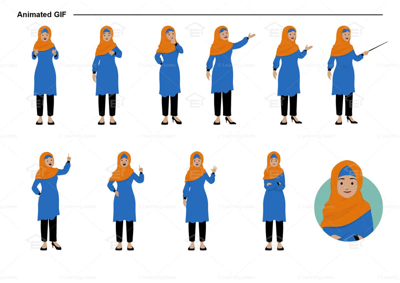 eLearning clipart of a Muslim woman wearing a hijab, long sleeve tunic dress, and pants. It can be used in office, education, casual, and other settings.  This sheet shows animated poses: Thumb up, thumbs down, thinking, presenting, pointing, remembering, aha, waving, standing with folded arms, and transitioning colors.