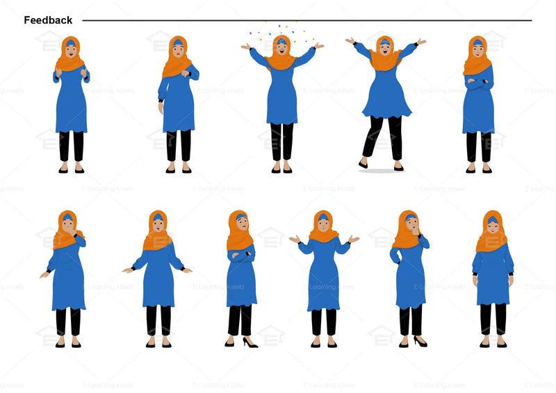 eLearning clipart of a Muslim woman wearing a hijab, long sleeve tunic dress, and pants. It can be used in office, education, casual, and other settings.  This sheet shows the character displaying various poses for providing feedback.