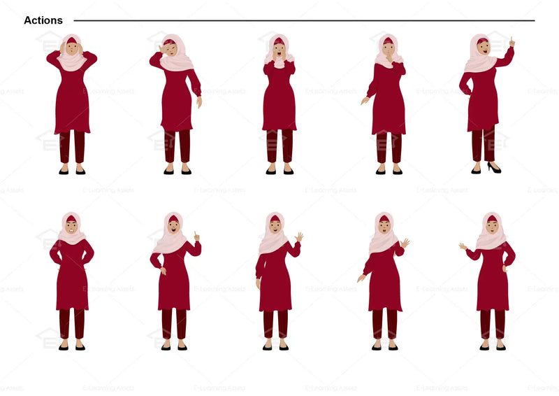 eLearning clipart of a Muslim woman wearing a hijab, long sleeve tunic dress, and pants. It can be used in office, education, casual, and other settings.  This sheet shows the character doing various actions.