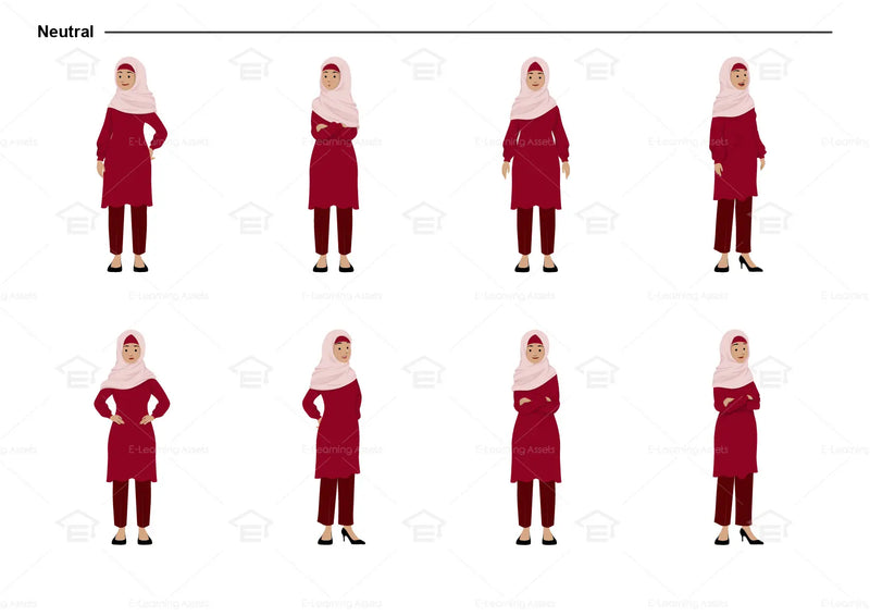 eLearning clipart of a Muslim woman wearing a hijab, long sleeve tunic dress, and pants. It can be used in office, education, casual, and other settings. This sheet shows the character in various neutral poses.