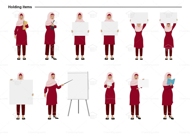 eLearning clipart of a Muslim woman wearing a hijab, long sleeve tunic dress, and pants. It can be used in office, education, casual, and other settings. This sheet shows the character in various poses holding different items.