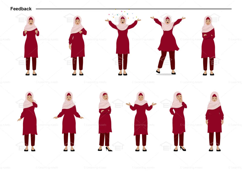 eLearning clipart of a Muslim woman wearing a hijab, long sleeve tunic dress, and pants. It can be used in office, education, casual, and other settings.  This sheet shows the character displaying various poses for providing feedback.