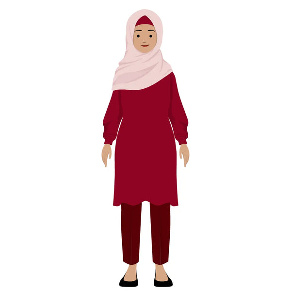 eLearning clipart of a Muslim woman wearing a hijab, long sleeve tunic dress, and pants. It can be used in office, education, casual, and other settings.  The character set comes in Storyline, SVG, PNG, and GIF formats.