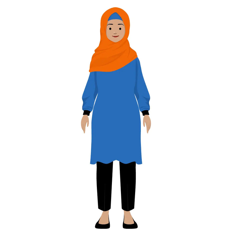 eLearning clipart of a Muslim woman wearing a hijab, long sleeve tunic dress, and pants. It can be used in office, education, casual, and other settings.  The character set comes in Storyline, SVG, PNG, and GIF formats.