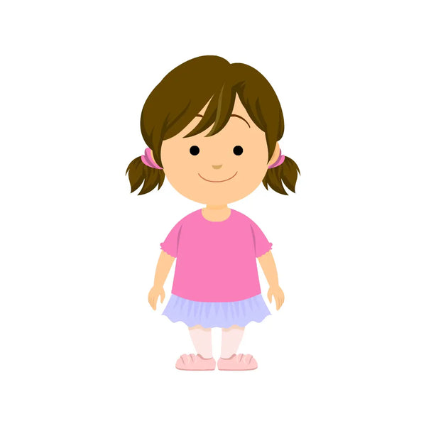 eLearning clipart of a girl wearing a skirt and leggings. It can be used in education, casual, or other settings. The character set comes in Storyline, SVG, PNG, and GIF formats.