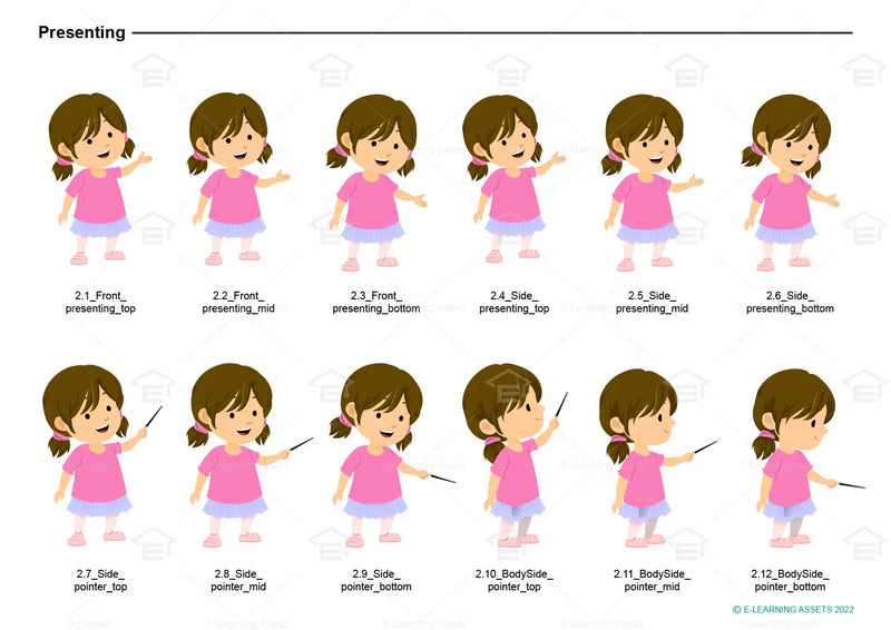 eLearning clipart of a girl wearing a skirt and leggings. It can be used in education, casual, or other settings. This sheet shows the character displaying various poses for presenting.