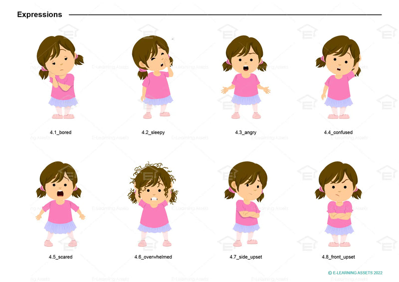 eLearning clipart of a girl wearing a skirt and leggings. It can be used in education, casual, or other settings. This sheet shows the character displaying various expressions.