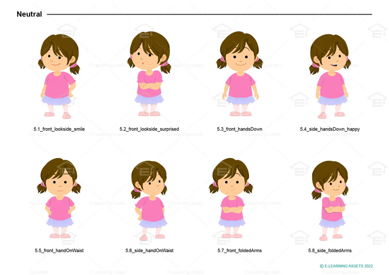 eLearning clipart of a girl wearing a skirt and leggings. It can be used in education, casual, or other settings. This sheet shows the character in various neutral poses.