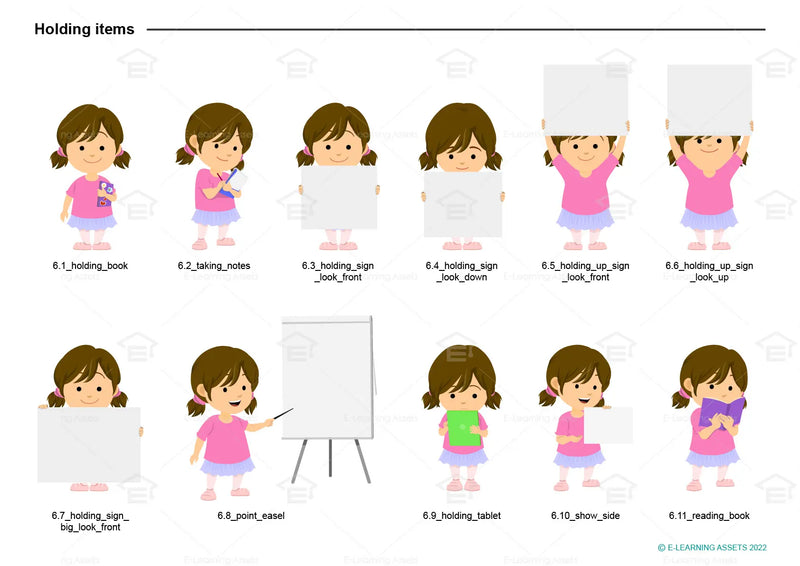 eLearning clipart of a girl wearing a skirt and leggings. It can be used in education, casual, or other settings. This sheet shows the character in various poses holding different items.