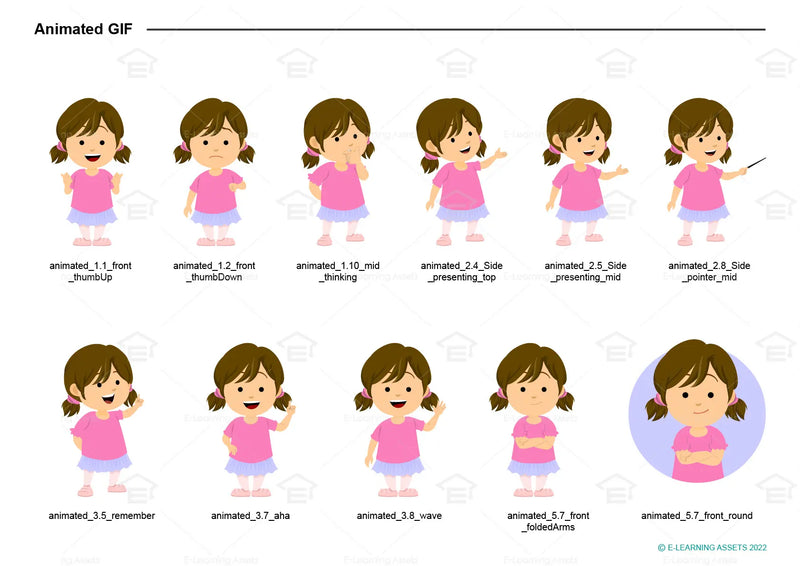 eLearning clipart of a girl wearing a skirt and leggings. It can be used in education, casual, or other settings. This sheet shows animated poses: Thumb up, thumbs down, thinking, presenting, pointing, remembering, aha, waving, standing with folded arms, and transitioning colors.