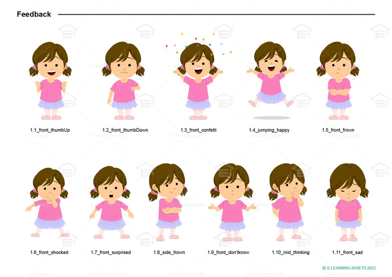 eLearning clipart of a girl wearing a skirt and leggings. It can be used in education, casual, or other settings. This sheet shows the character displaying various poses for providing feedback.