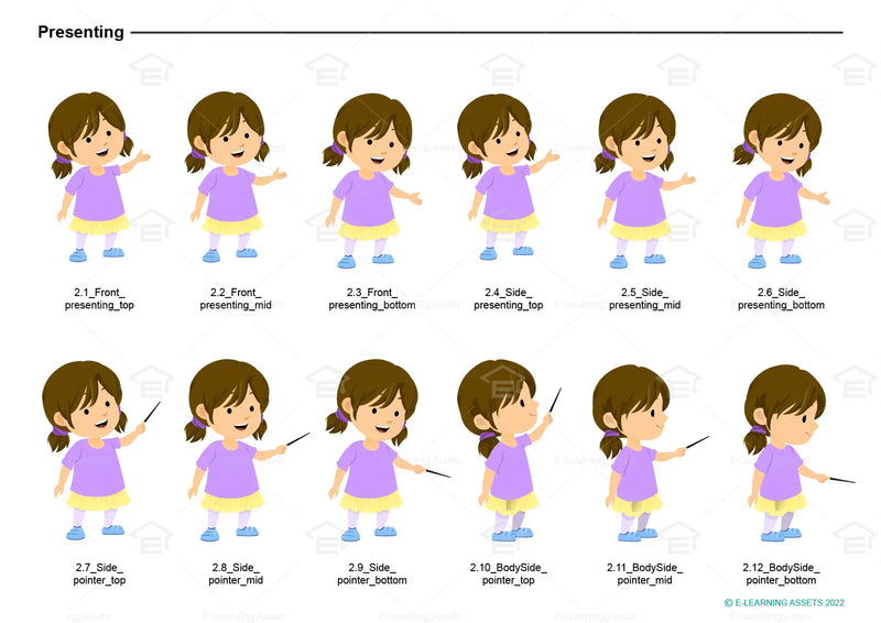 eLearning clipart of a girl wearing a skirt and leggings. It can be used in education, casual, or other settings. This sheet shows the character displaying various poses for presenting.