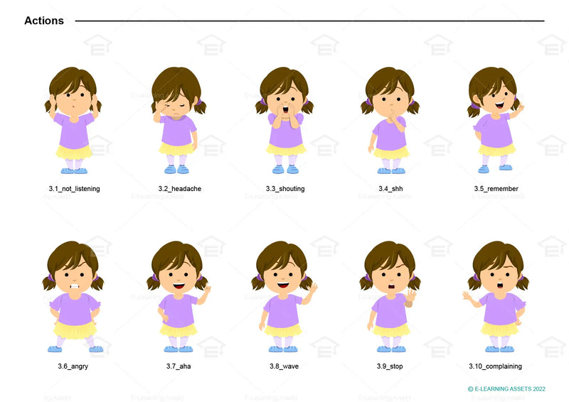 eLearning clipart of a girl wearing a skirt and leggings. It can be used in education, casual, or other settings. This sheet shows the character doing various actions.