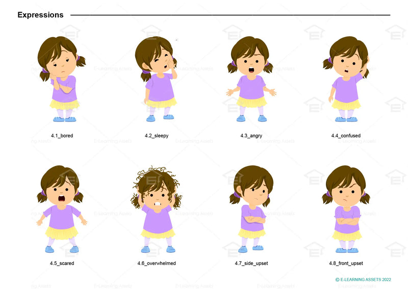 eLearning clipart of a girl wearing a skirt and leggings. It can be used in education, casual, or other settings. This sheet shows the character displaying various expressions.