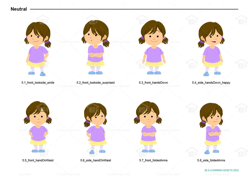 eLearning clipart of a girl wearing a skirt and leggings. It can be used in education, casual, or other settings. This sheet shows the character in various neutral poses.