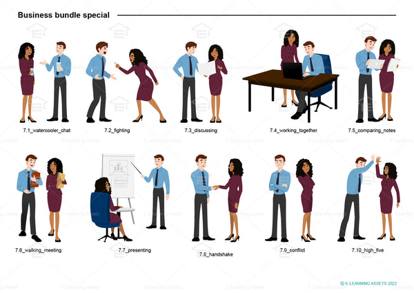 eLearning clipart of a man wearing long sleeve shirt and a tie; and a woman wearing a two-piece skirt suit. The business bundle special set features additional poses: Watercooler chat, fighting, discussing, working together, comparing notes, walking meeting, presenting, handshake, conflict, high five