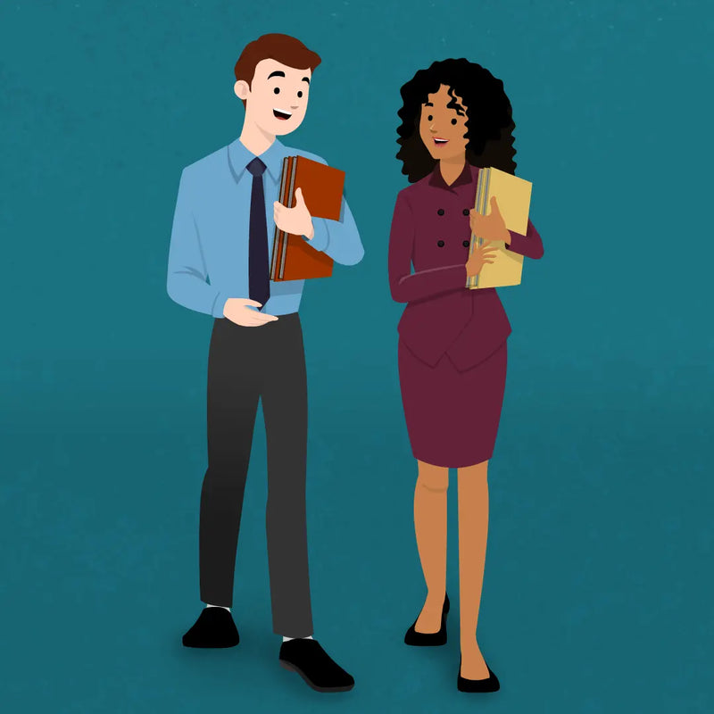 eLearning clipart of a man wearing long sleeve shirt and a tie; and a woman wearing a two-piece skirt suit. The bundled character set comes in Storyline, SVG, PNG, and GIF formats.