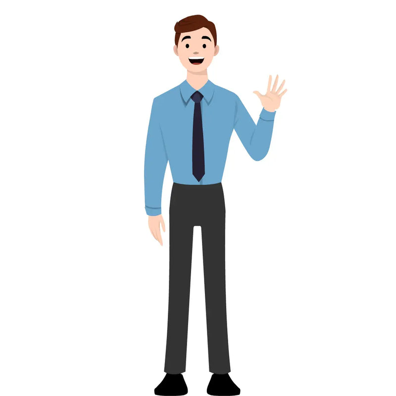 eLearning clipart of a man wearing long sleeve shirt and a tie. It can be used in business, office, and other workplace settings.  The character set comes in Storyline, SVG, PNG, and GIF formats.