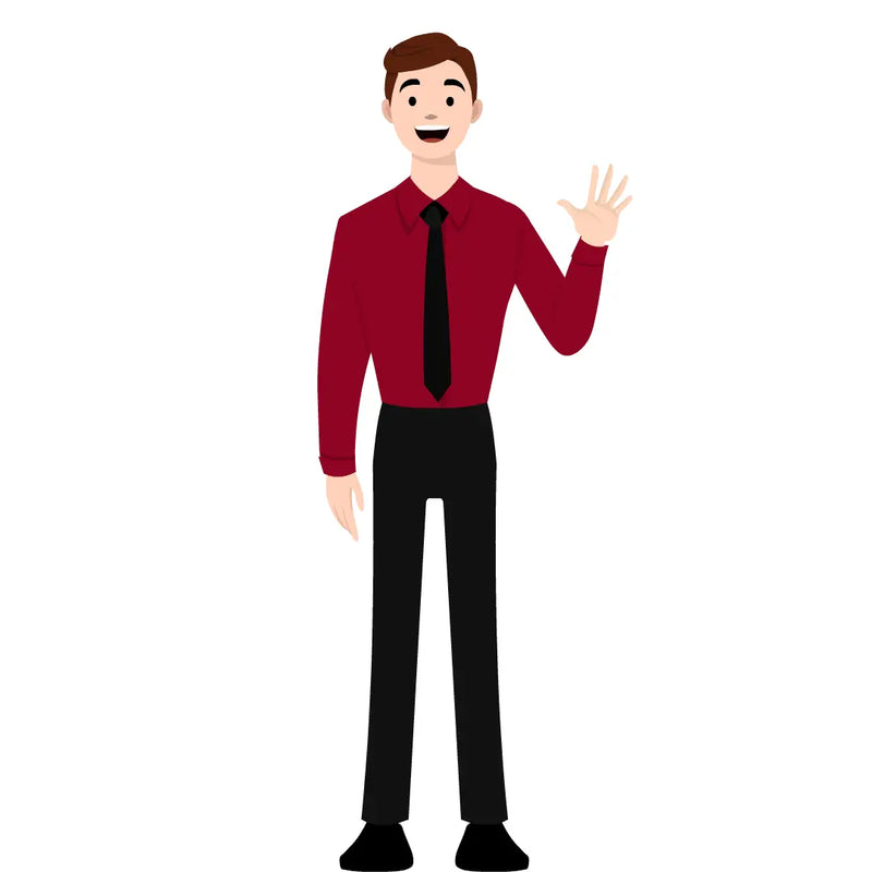 eLearning clipart of a man wearing long sleeve shirt and a tie. It can be used in business, office, and other workplace settings.  The character set comes in Storyline, SVG, PNG, and GIF formats.